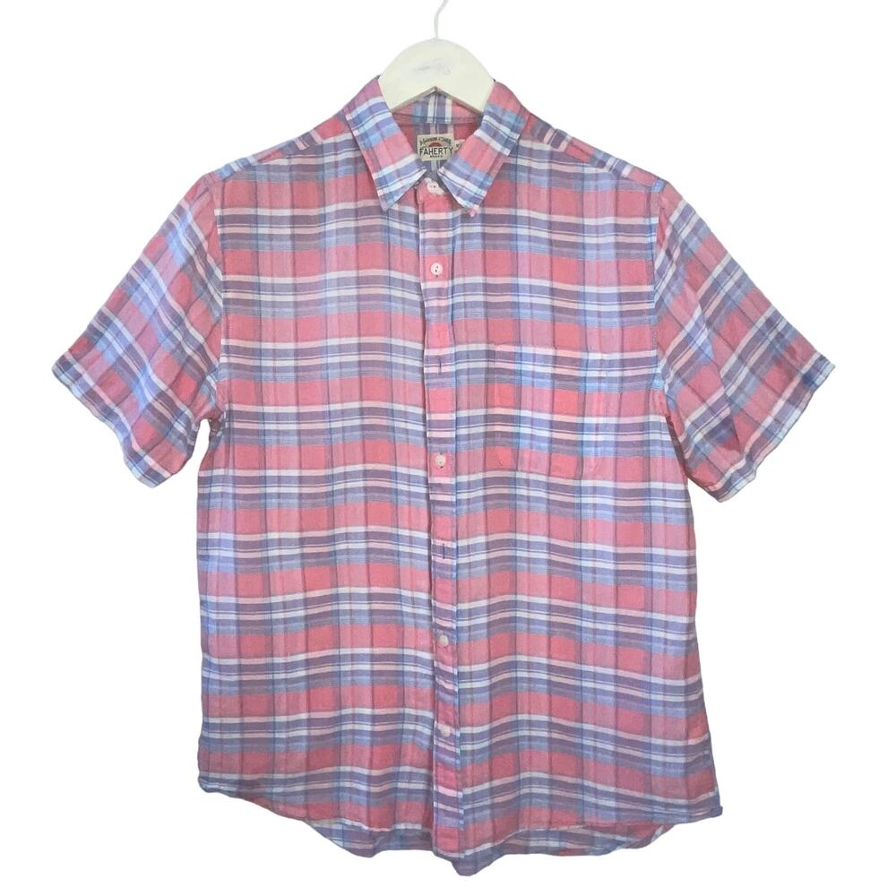 Faherty Plaid Short Sleeve Cotton Linen Blend Shirt Size Medium